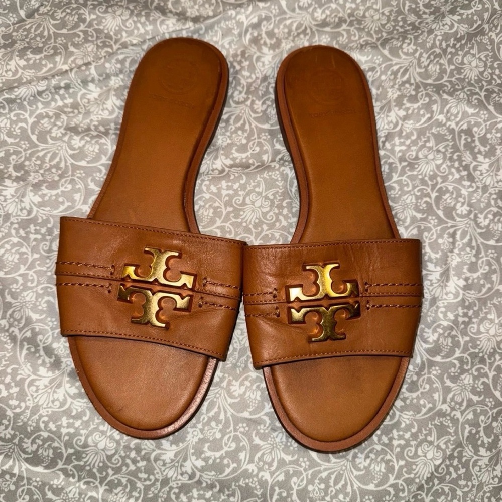 Tory Burch Brown Leather Logo Slide Sandals with Gold Hardware